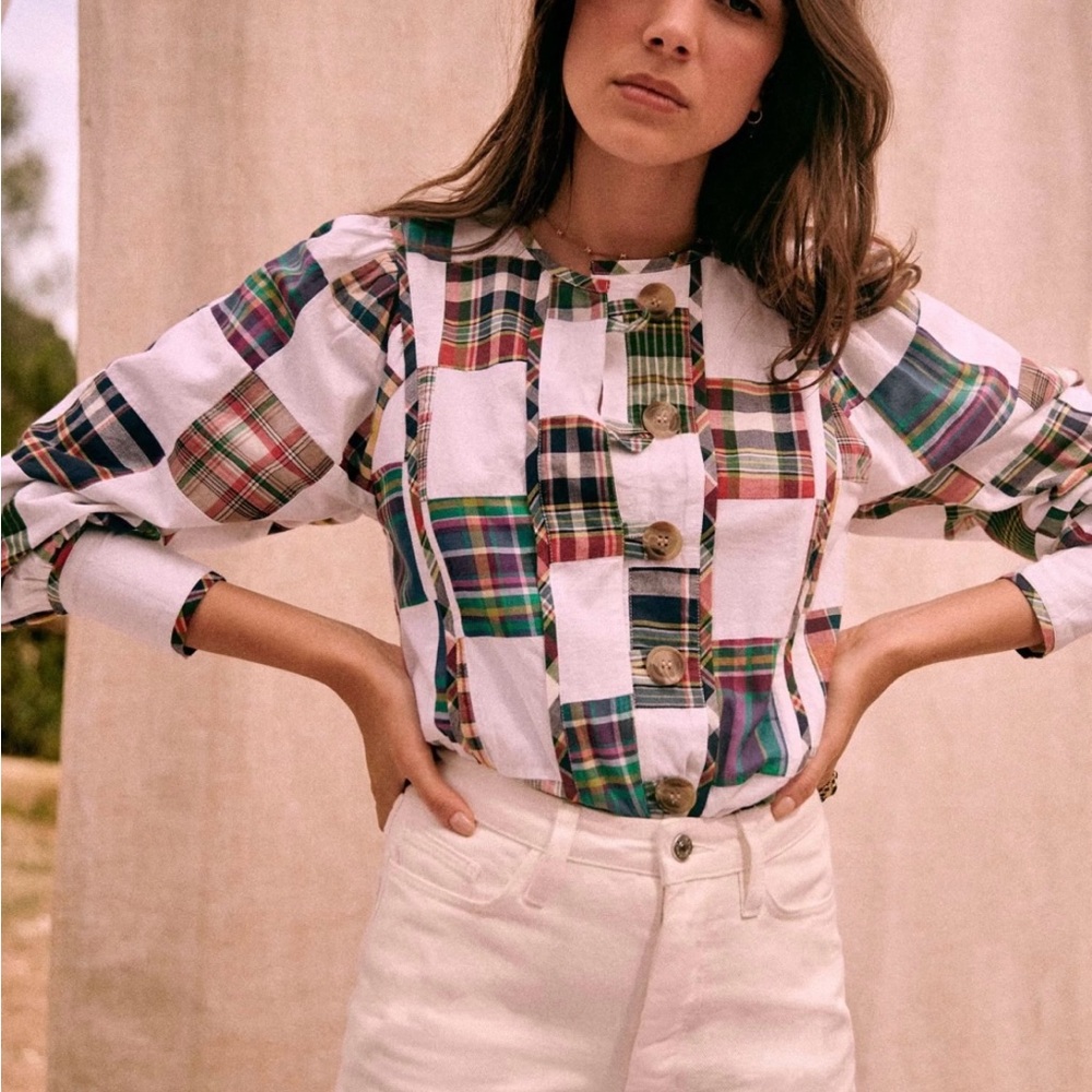 Sezane Bruna Colorful Patchwork Button-Up Blouse